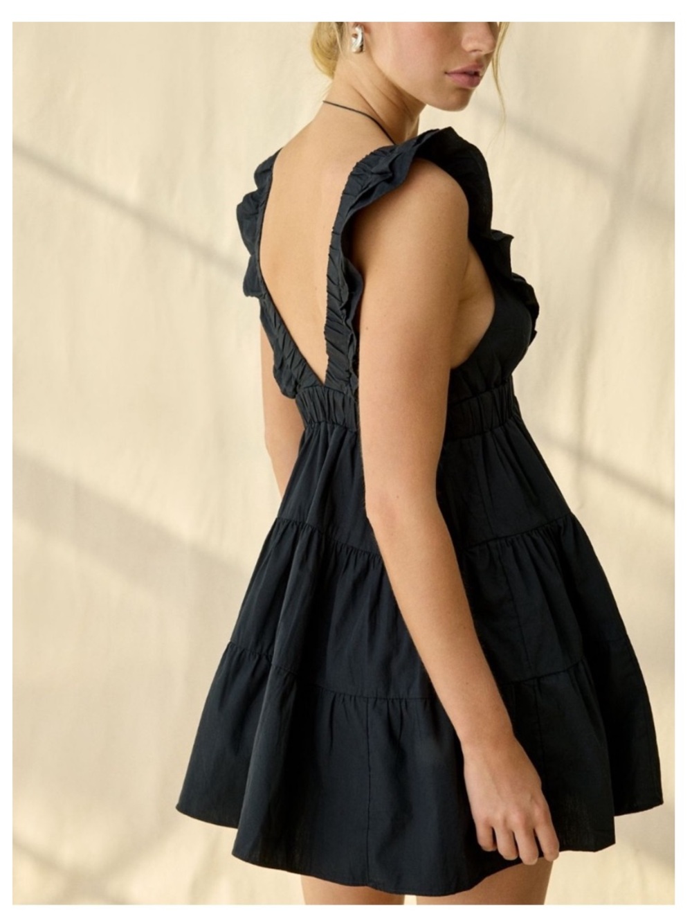 🟤NWT KIMCHI BLUE Tiered Ruffle Mini Dress in Black MED - Picture 4 of 5